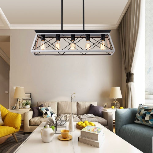 White and Charcoal Five-Light Farmhouse Chandelier for Restaurant Dining Rooms, Banquette Areas, and Warm Hospitality Interiors — view 1