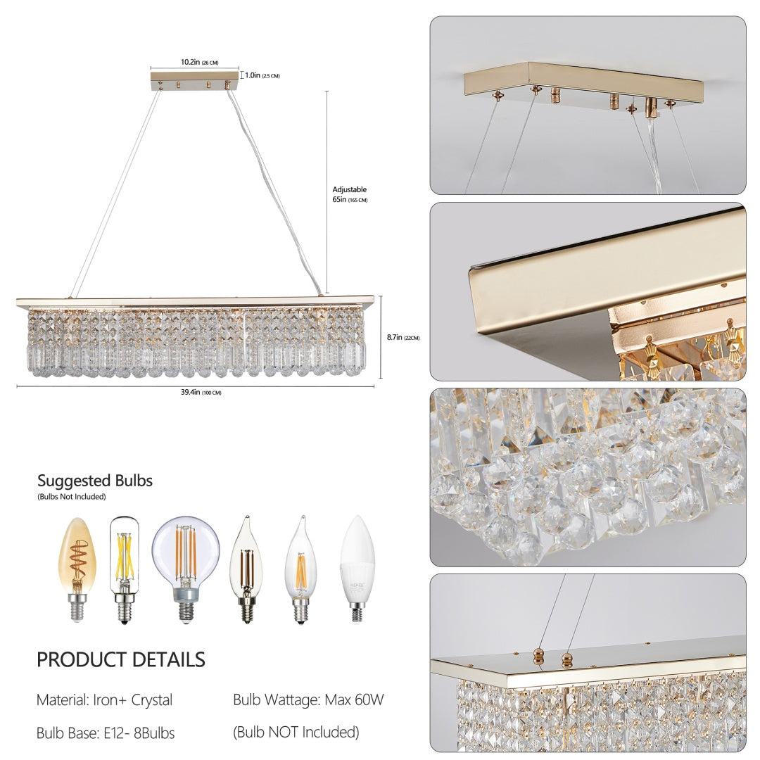 Elegant Gold Cascading Crystal Rectangle Pendant for Restaurant Dining Tables, Bar Counters, and Upscale Hospitality Interiors — view 5