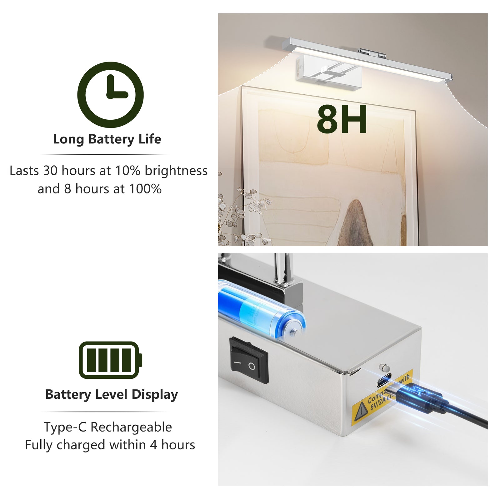16-Inch Rechargeable Chrome Picture Light for Restaurant Art and Menu Displays — view 6