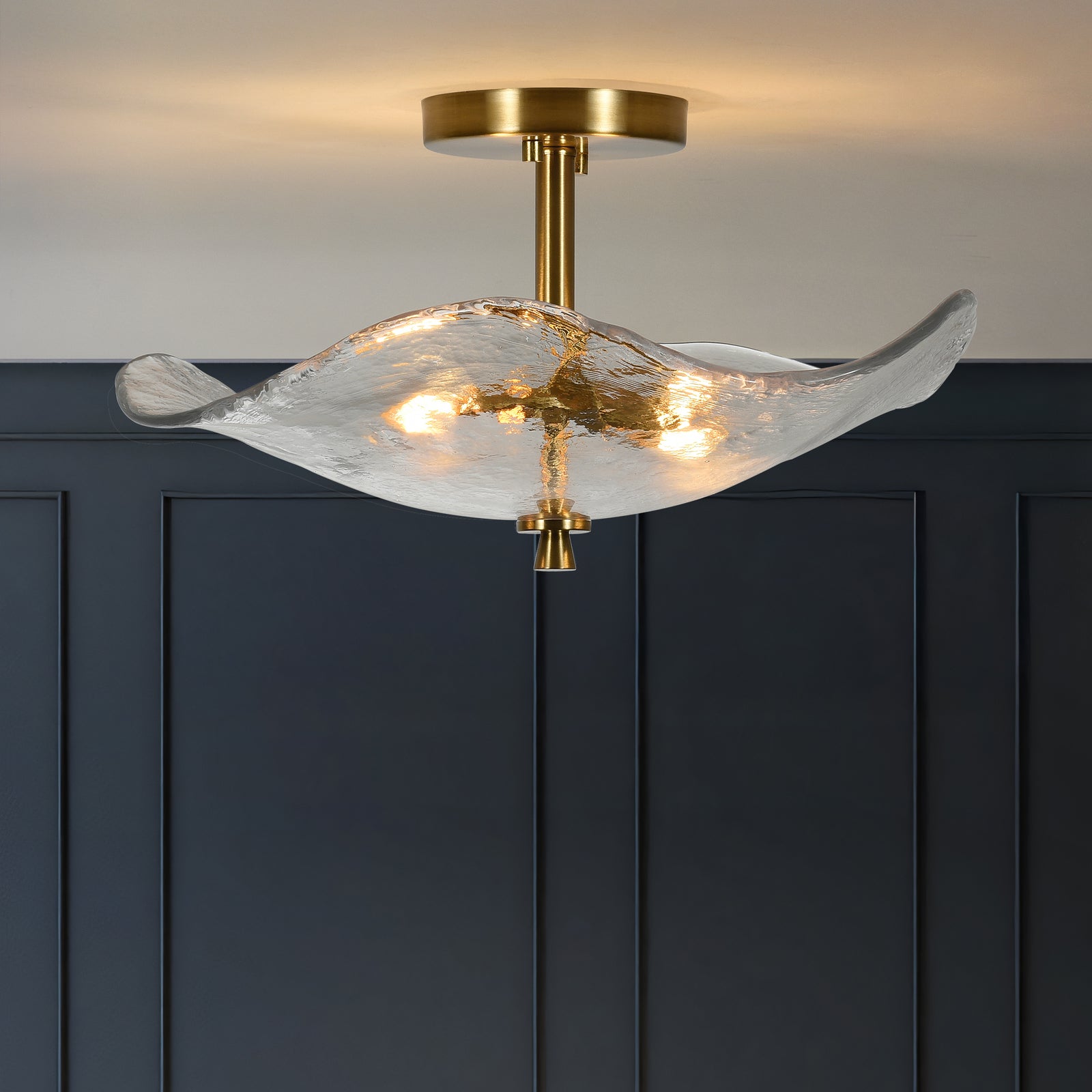 Modern Gold 2-Light Glass Semi-Flush Ceiling Fixture for Restaurant Hallways — view 1
