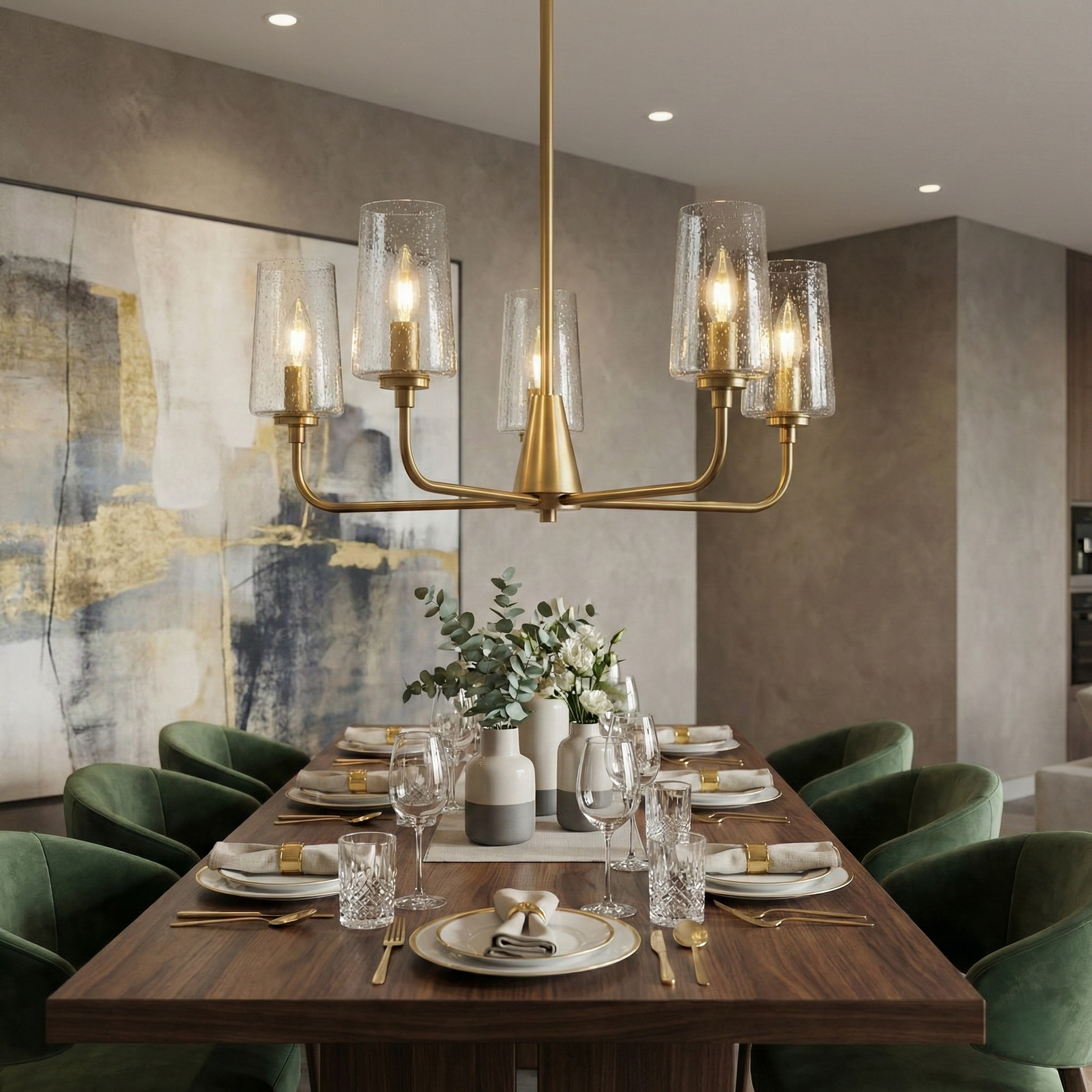 Satin Brass 5-Light Seeded Glass Chandelier for Restaurant Dining Areas — view 4