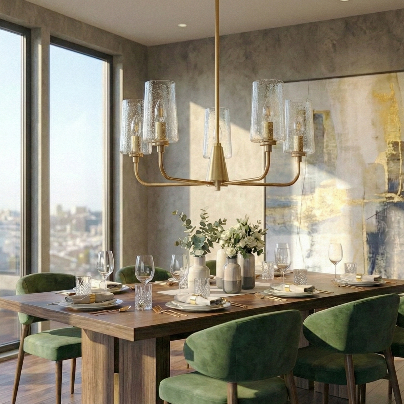 Satin Brass 5-Light Seeded Glass Chandelier for Restaurant Dining Areas — view 2