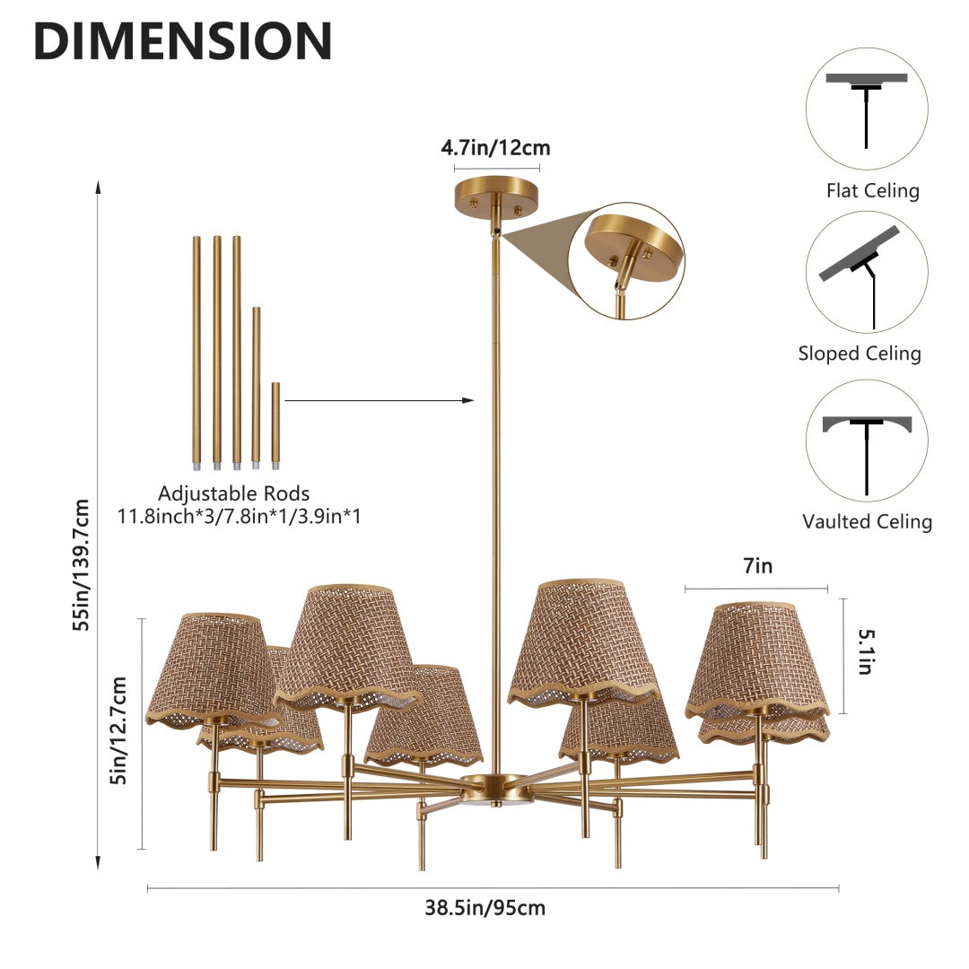 8-Light Golden Rattan Pendant Chandelier — Restaurant Dining & Bar — view 2