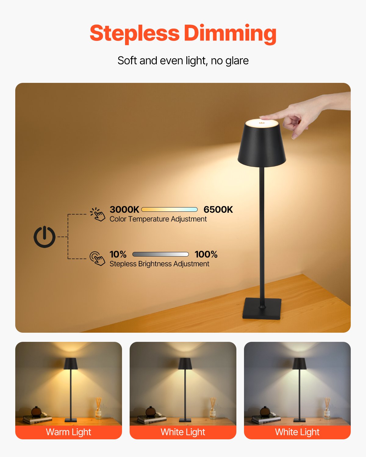 Two-Pack Cordless Restaurant Table Lamps — Black, 3-Level Dimming — view 3