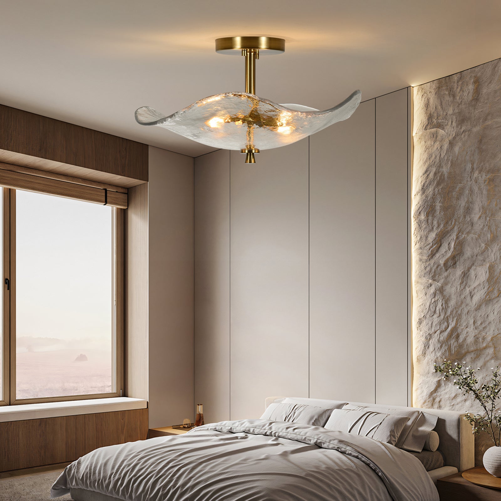 Modern Gold 2-Light Glass Semi-Flush Ceiling Fixture for Restaurant Hallways — view 10
