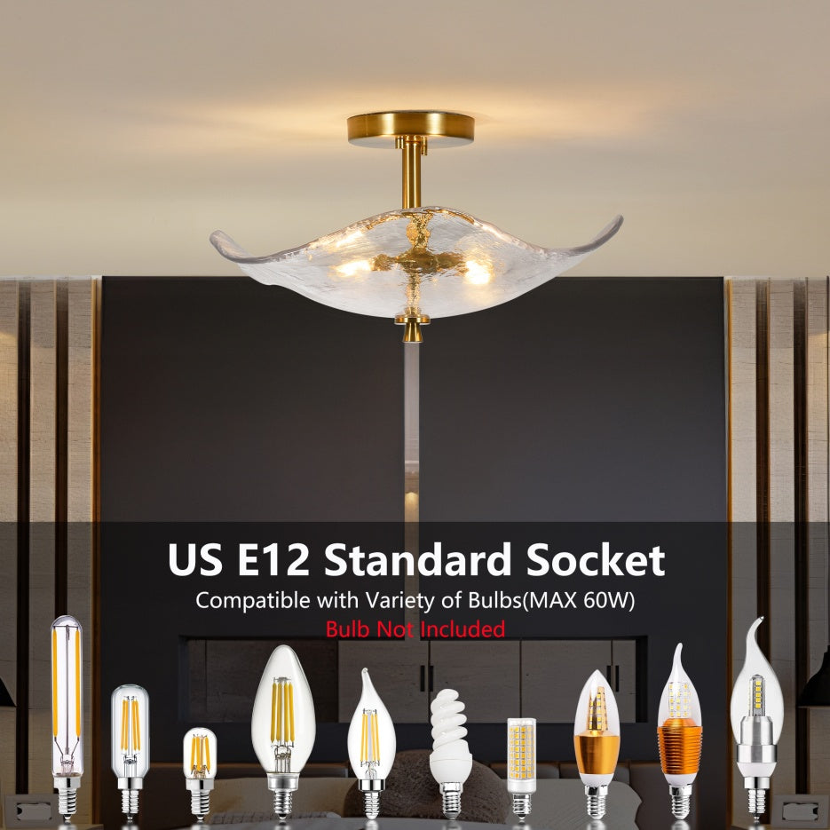 Modern Gold 2-Light Glass Semi-Flush Ceiling Fixture for Restaurant Hallways — view 6