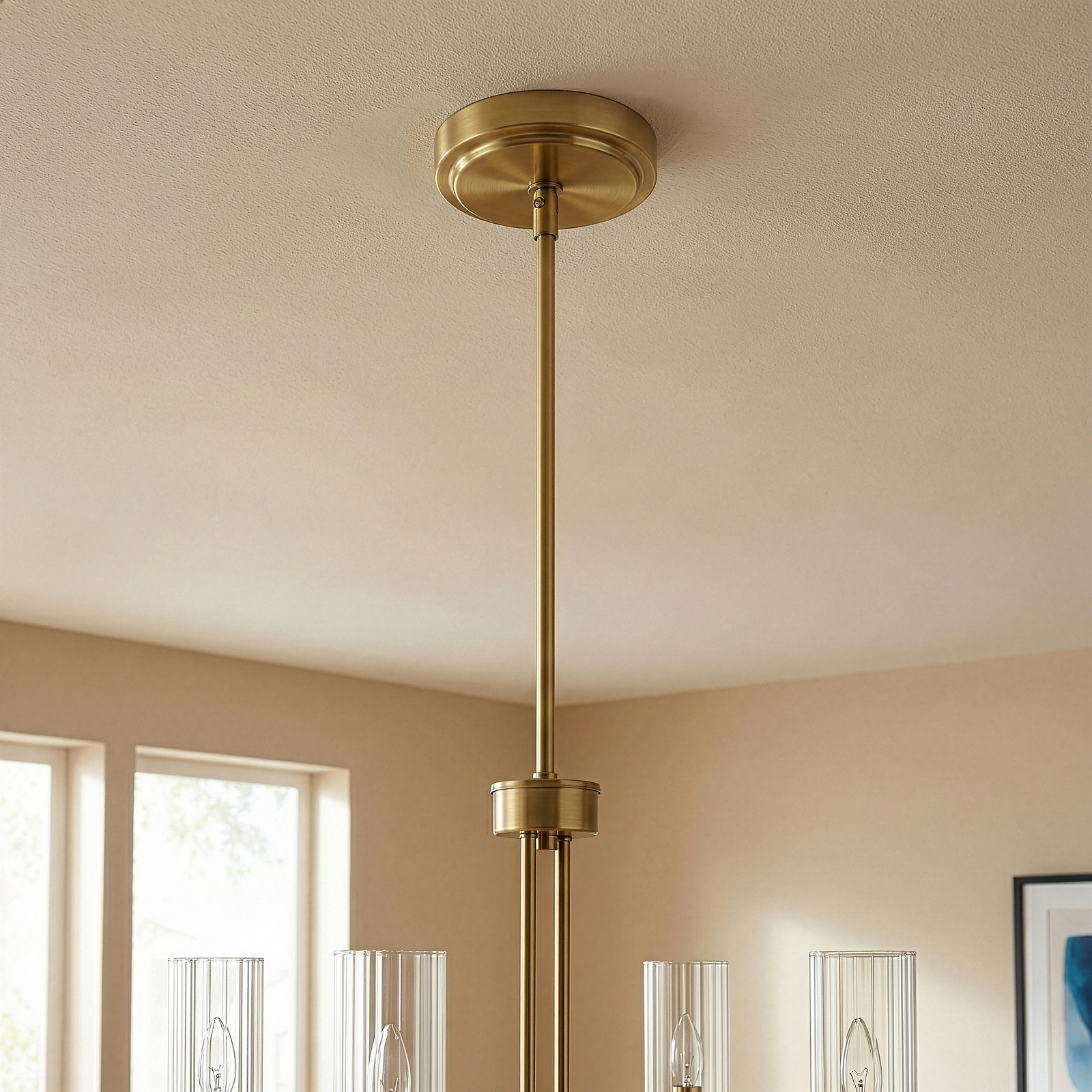 Satin Brass 4-Light Ribbed Glass Chandelier for Restaurant Dining Tables — view 2