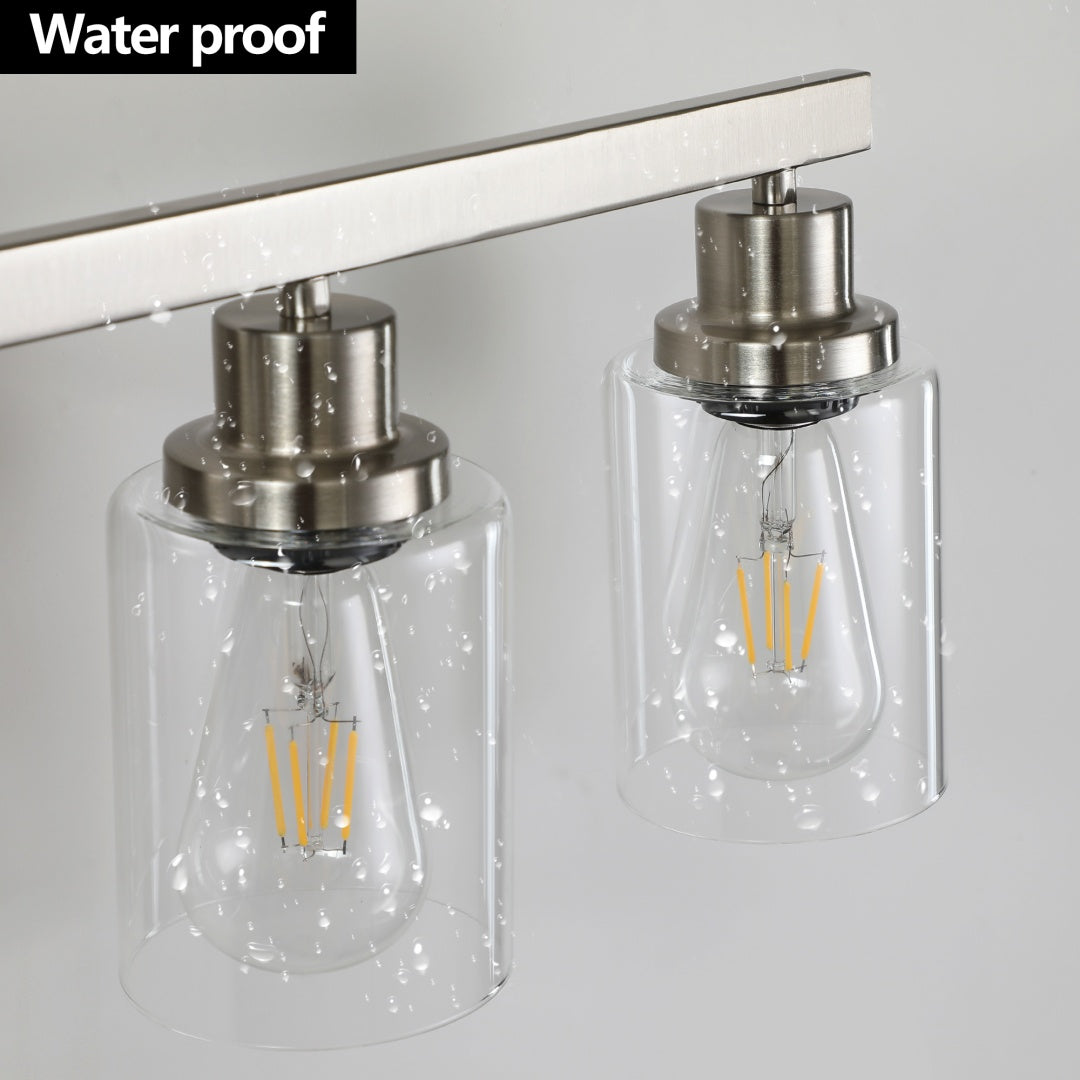 Brushed-Nickel 10-Light Clear-Glass Vanity — Restaurant Washroom — view 7
