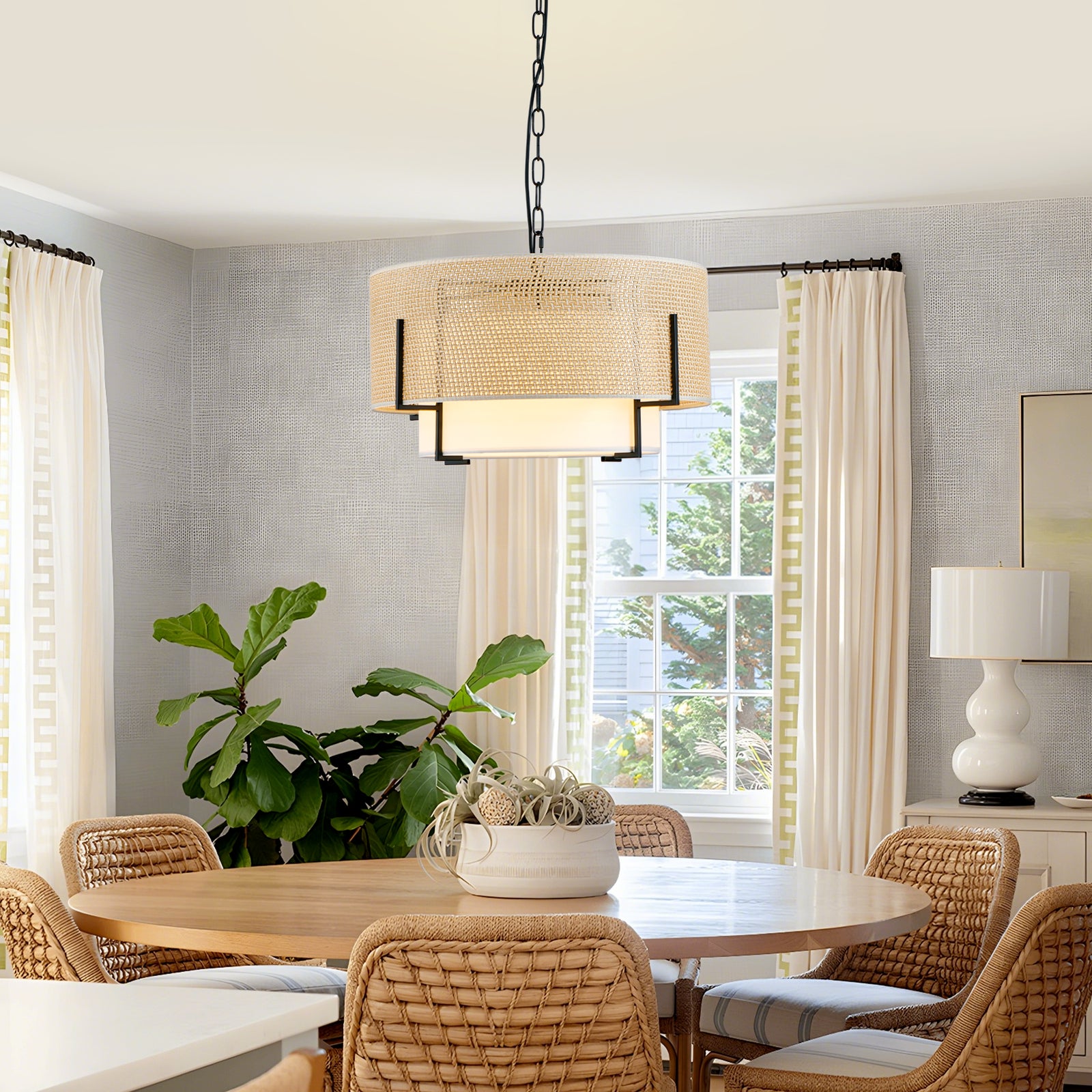 4-Light Hand-Woven Rattan Drum Chandelier with Fabric Shade for Restaurant Dining Areas — view 3