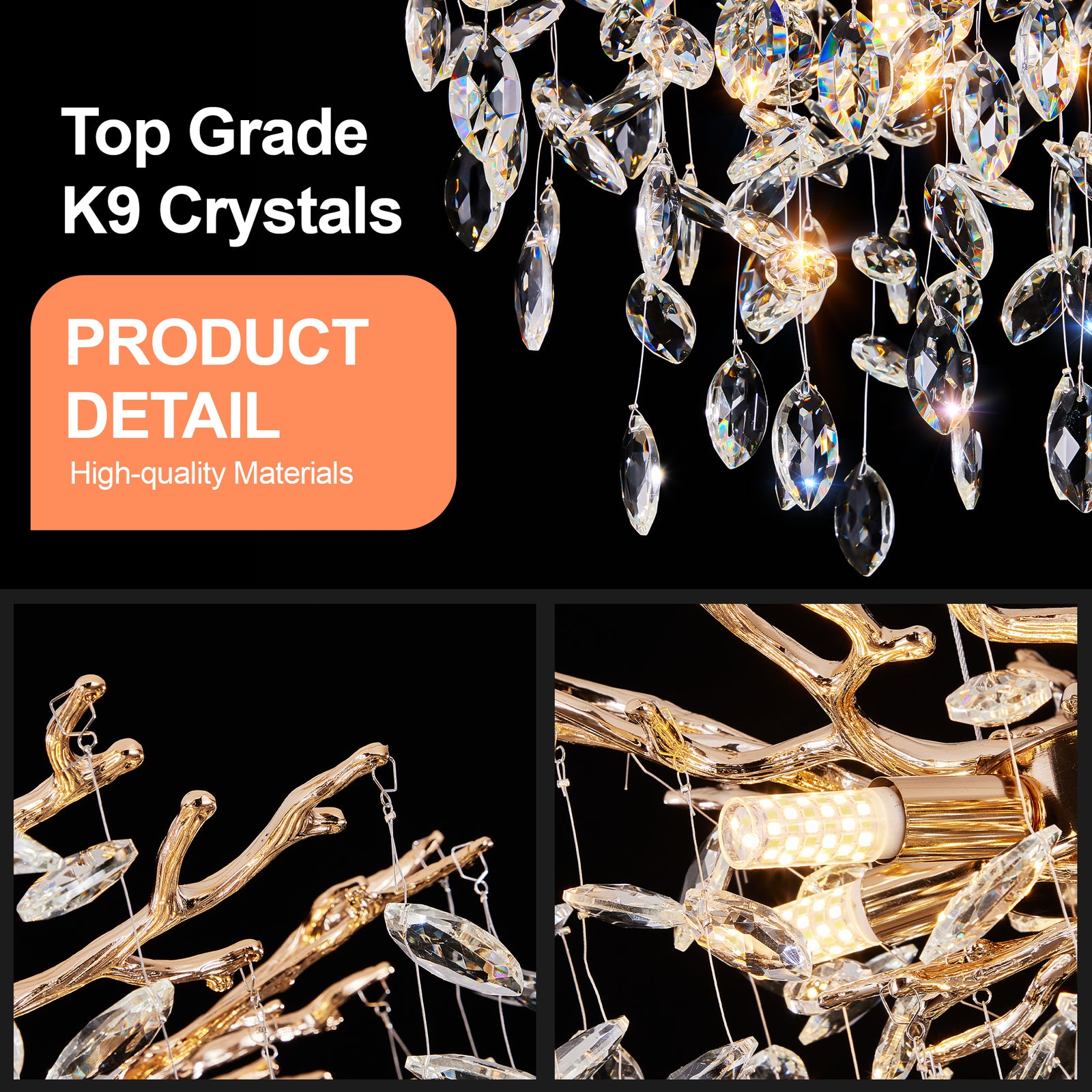 18-Inch Gold Tree-Branch 7-Light Crystal Chandelier for Restaurant Dining Rooms — view 4