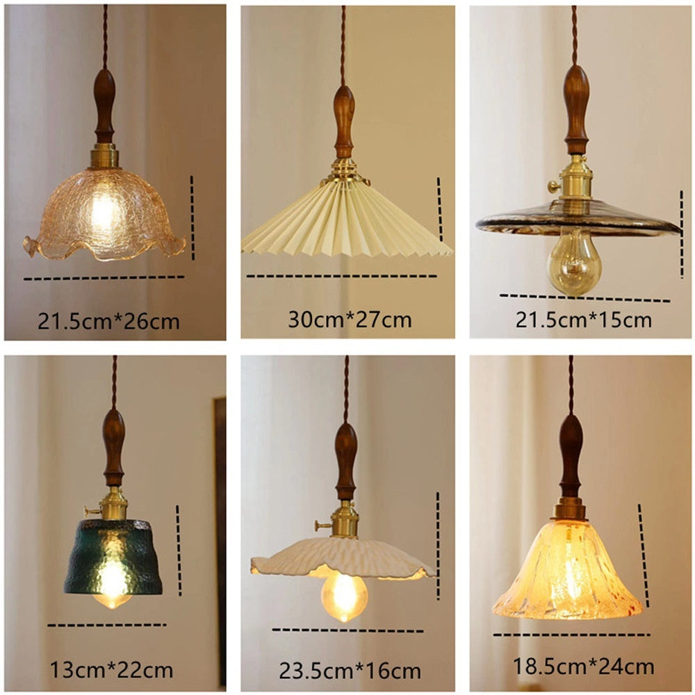 Nordic Retro Restaurant Chandelier Walnut Wood French Brass Glass Pendant Light — view 3