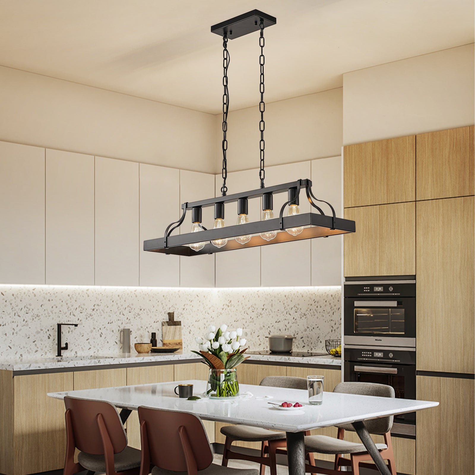 Matte Black 5-Light Linear Pendant — Restaurant Dining Room — view 10