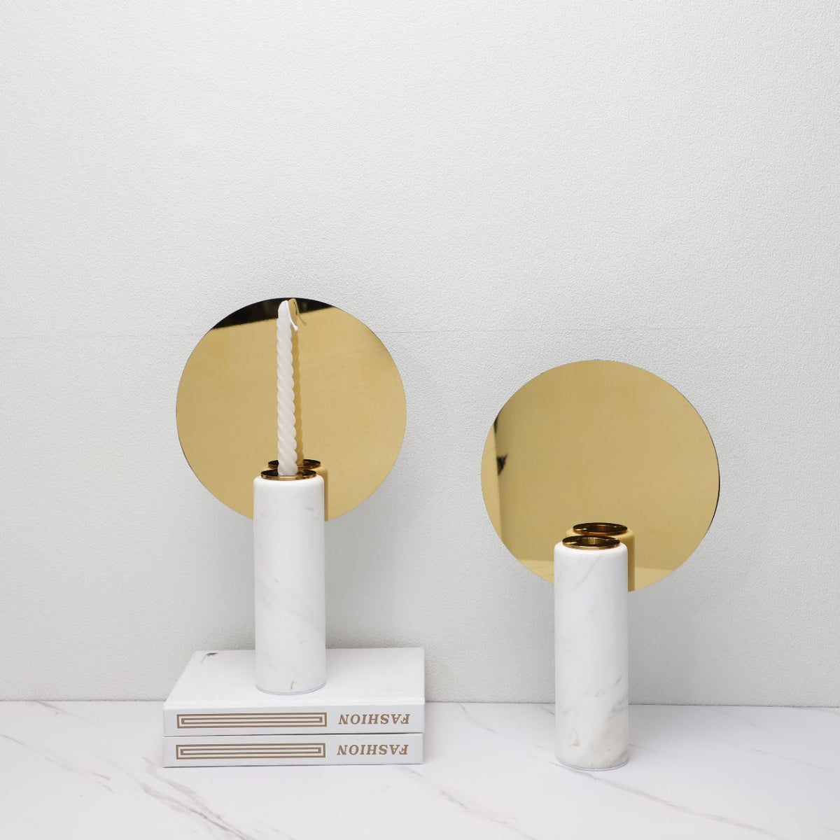 Sleek Gold Marble Metal Round Mirror Candle Holder
