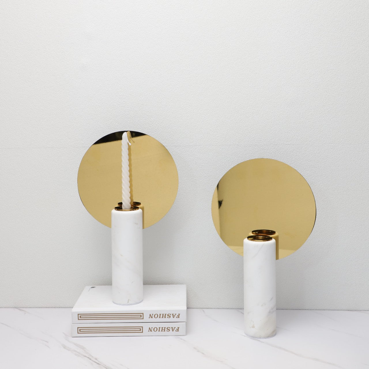 Sleek Gold Marble Metal Round Mirror Candle Holder — view 1