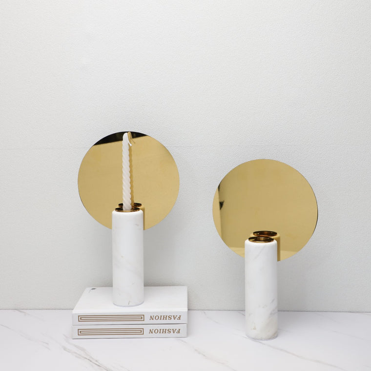 Sleek Gold Marble Metal Round Mirror Candle Holder