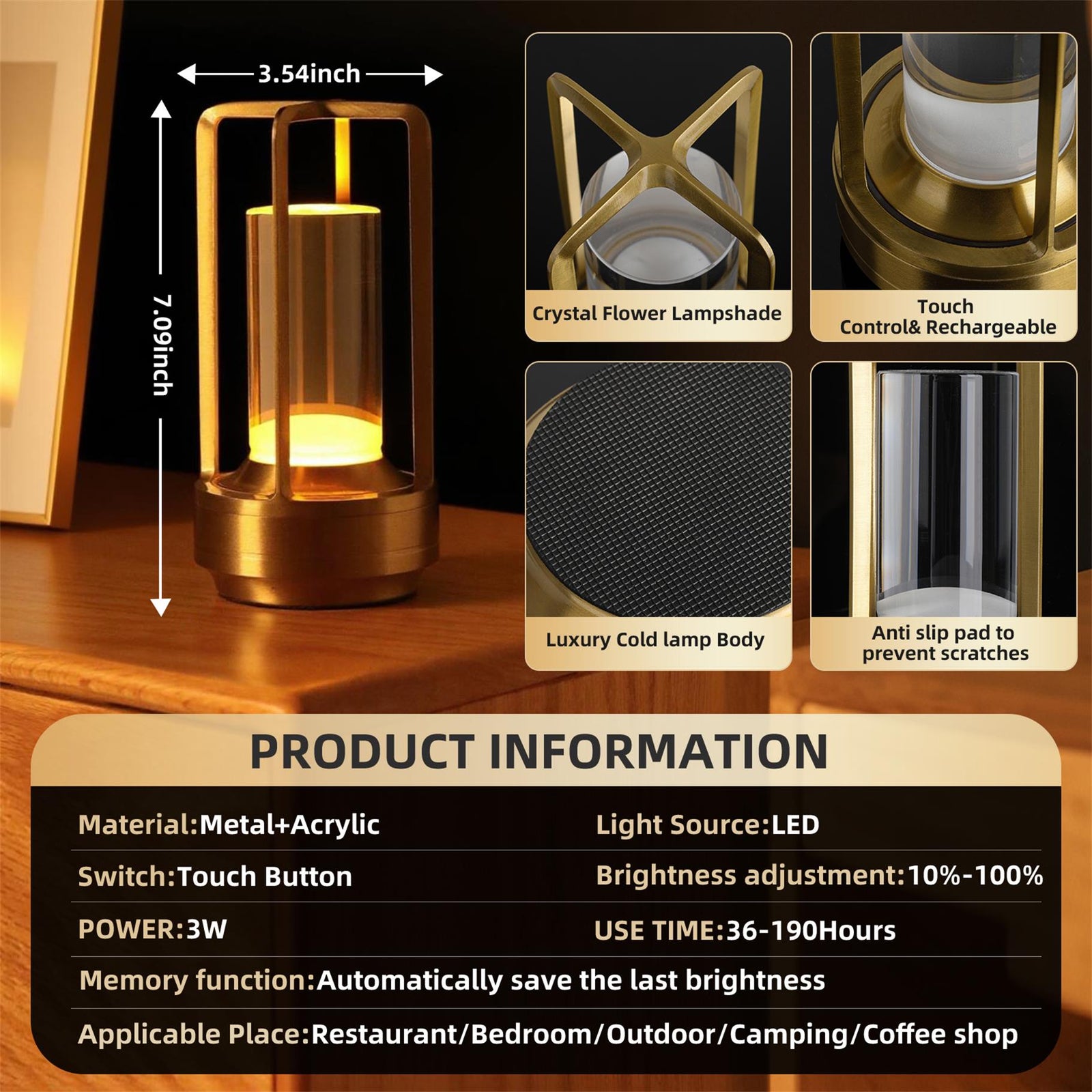 Portable Touch-Control Restaurant Table Lamps — 3-Color Dimming (1 or 2 Pack) — view 3