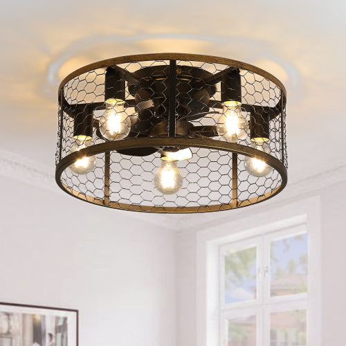 20-Inch Black Caged Ceiling Fan with LED — Restaurant Dining — view 1