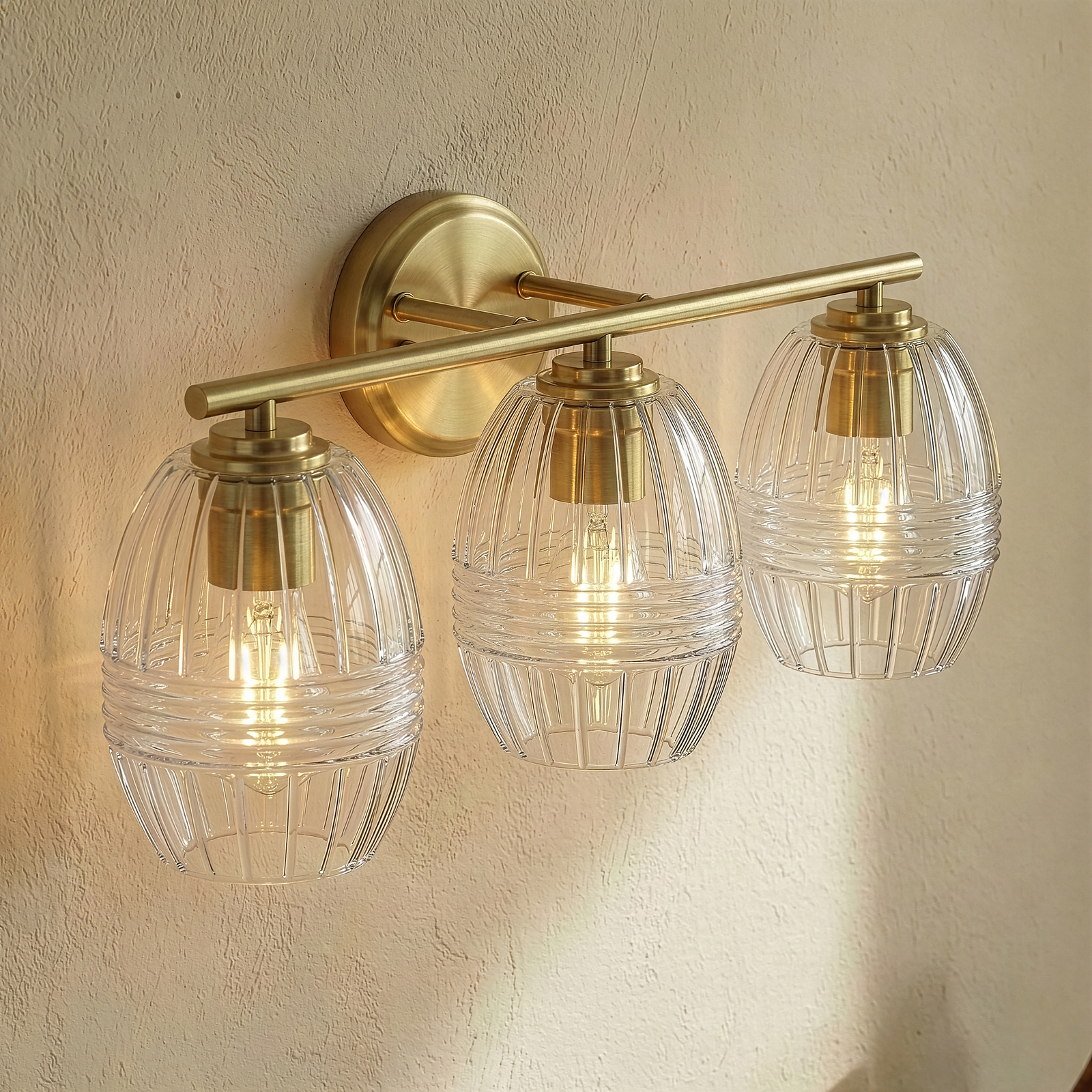 Satin Brass 3-Light Clear Glass Vanity Wall Lamp for Restaurant Restrooms — view 1