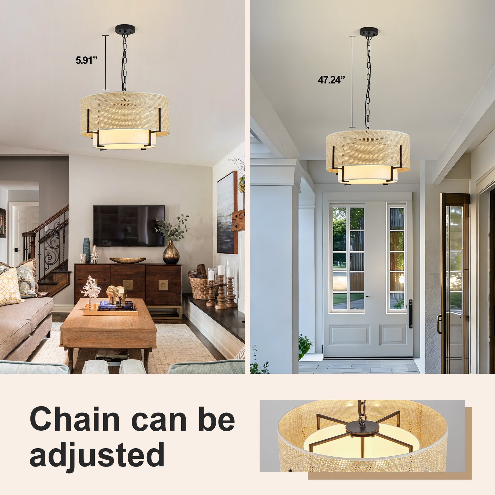 4-Light Hand-Woven Rattan Drum Chandelier with Fabric Shade for Restaurant Dining Areas — view 4