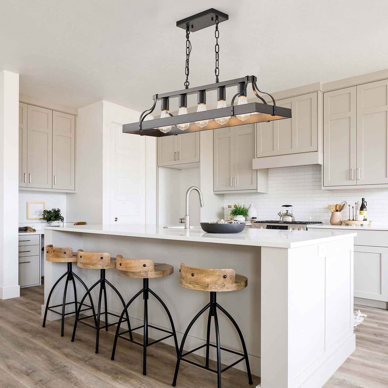 Matte Black 5-Light Linear Pendant — Restaurant Dining Room — view 4