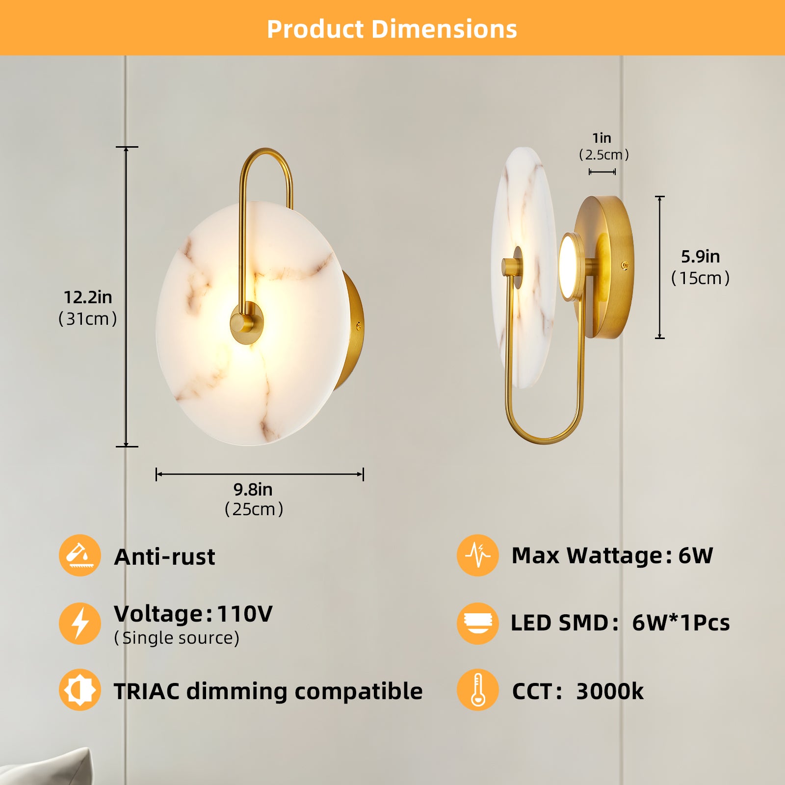 Gold Natural-Marble Wall Sconce — 9.8-Inch Dining Accent — view 7