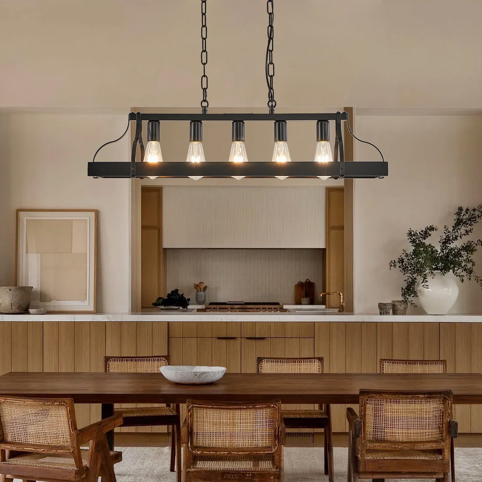 Matte Black 5-Light Linear Pendant — Restaurant Dining Room — view 1