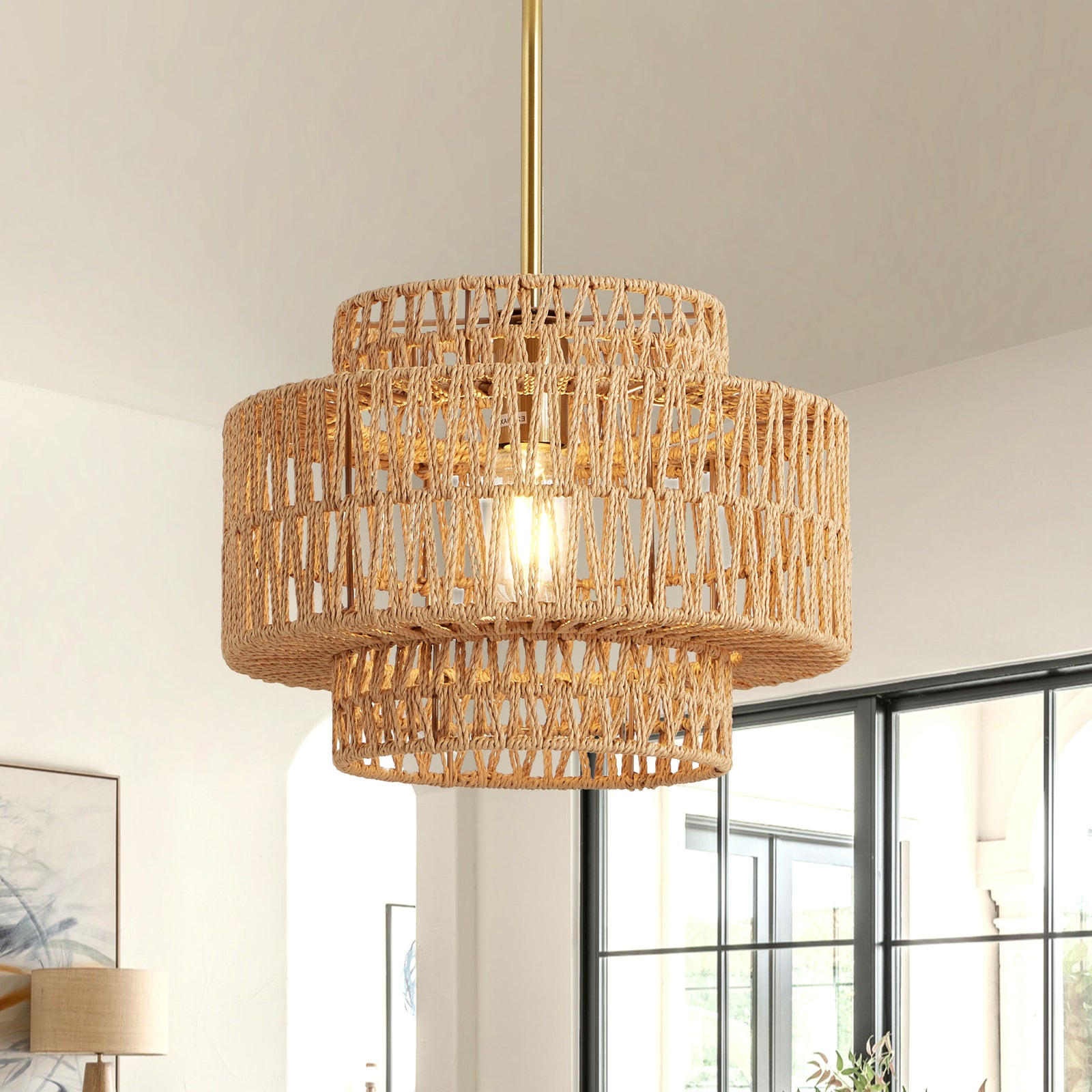 12.6-Inch Brown Rattan Pendant — Restaurant Dining — view 9