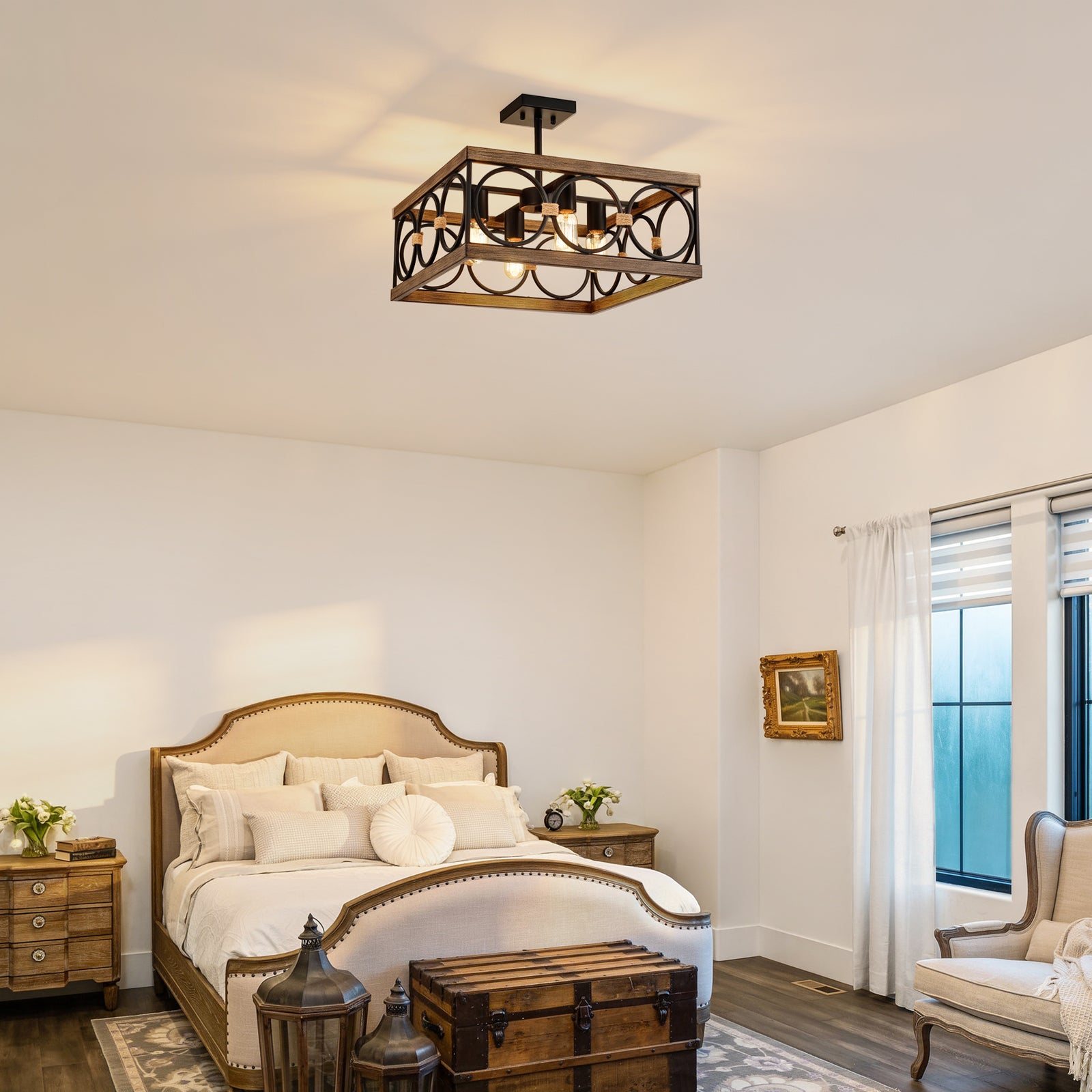 Wood and Black Metal 4-Light Square Ceiling Fixture for Restaurant Islands — view 2