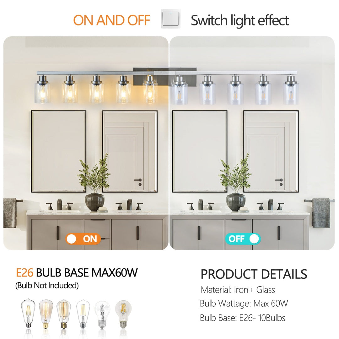 Brushed-Nickel 10-Light Clear-Glass Vanity — Restaurant Washroom — view 3