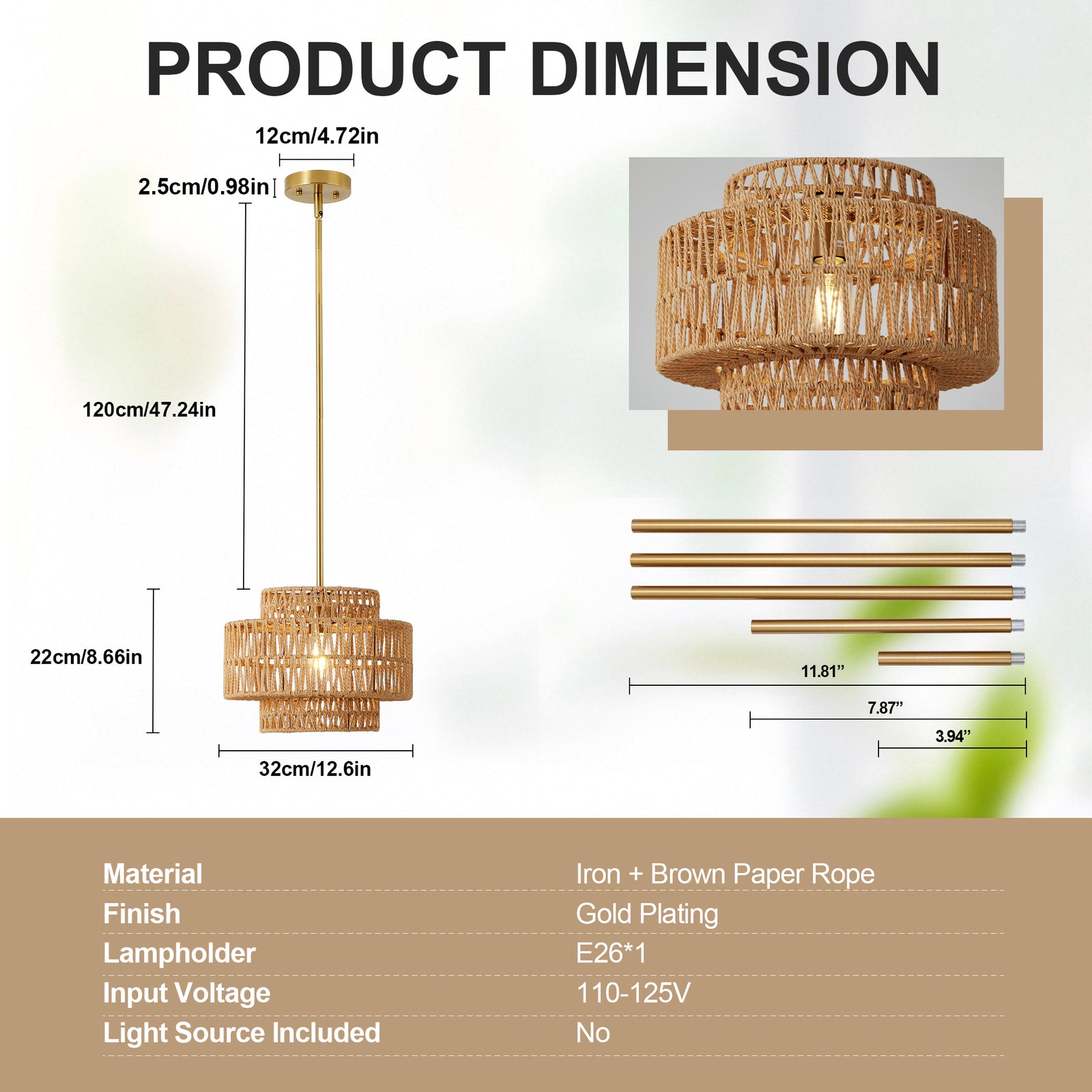 12.6-Inch Brown Rattan Pendant — Restaurant Dining — view 8