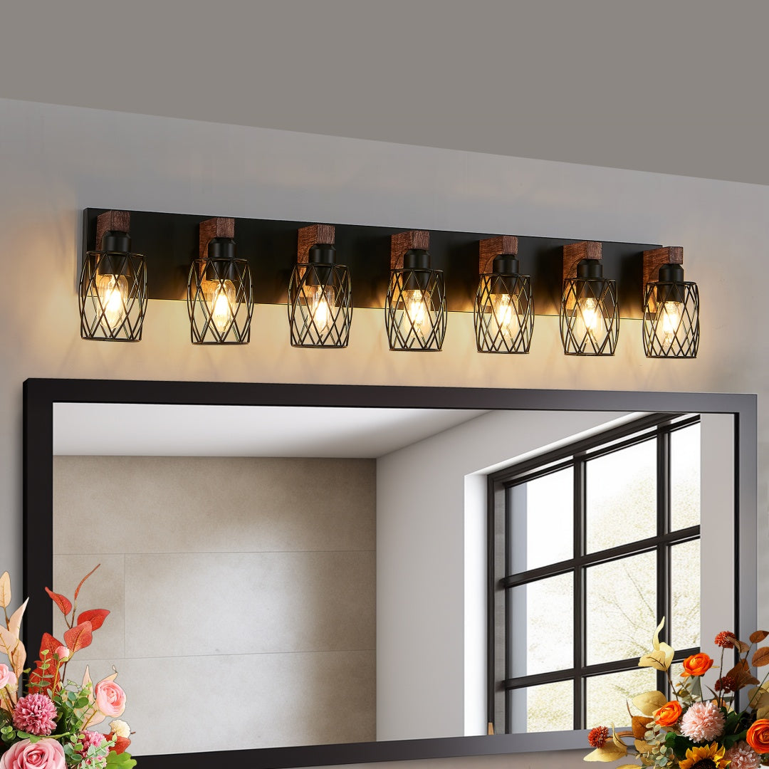 Black Cage 7-Light Wall Sconce with Wood Accents for Restaurant Hallways — view 5