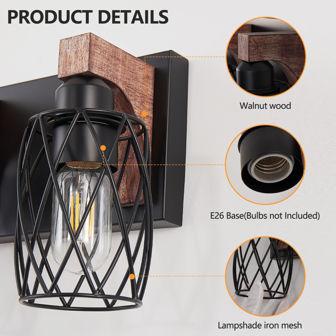 Black Cage 7-Light Wall Sconce with Wood Accents for Restaurant Hallways — view 4