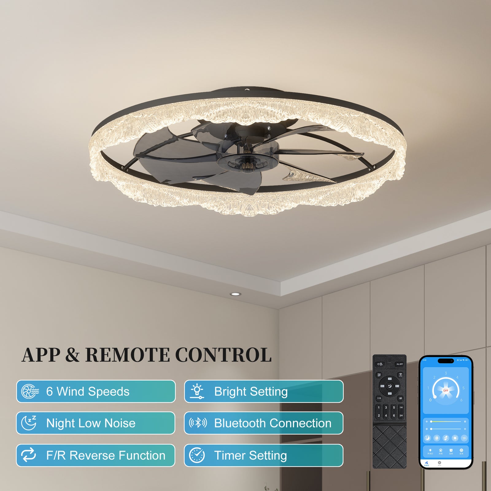 Black 24-Inch Flush Ceiling Fan Light — Quiet Restaurant Dining — view 7