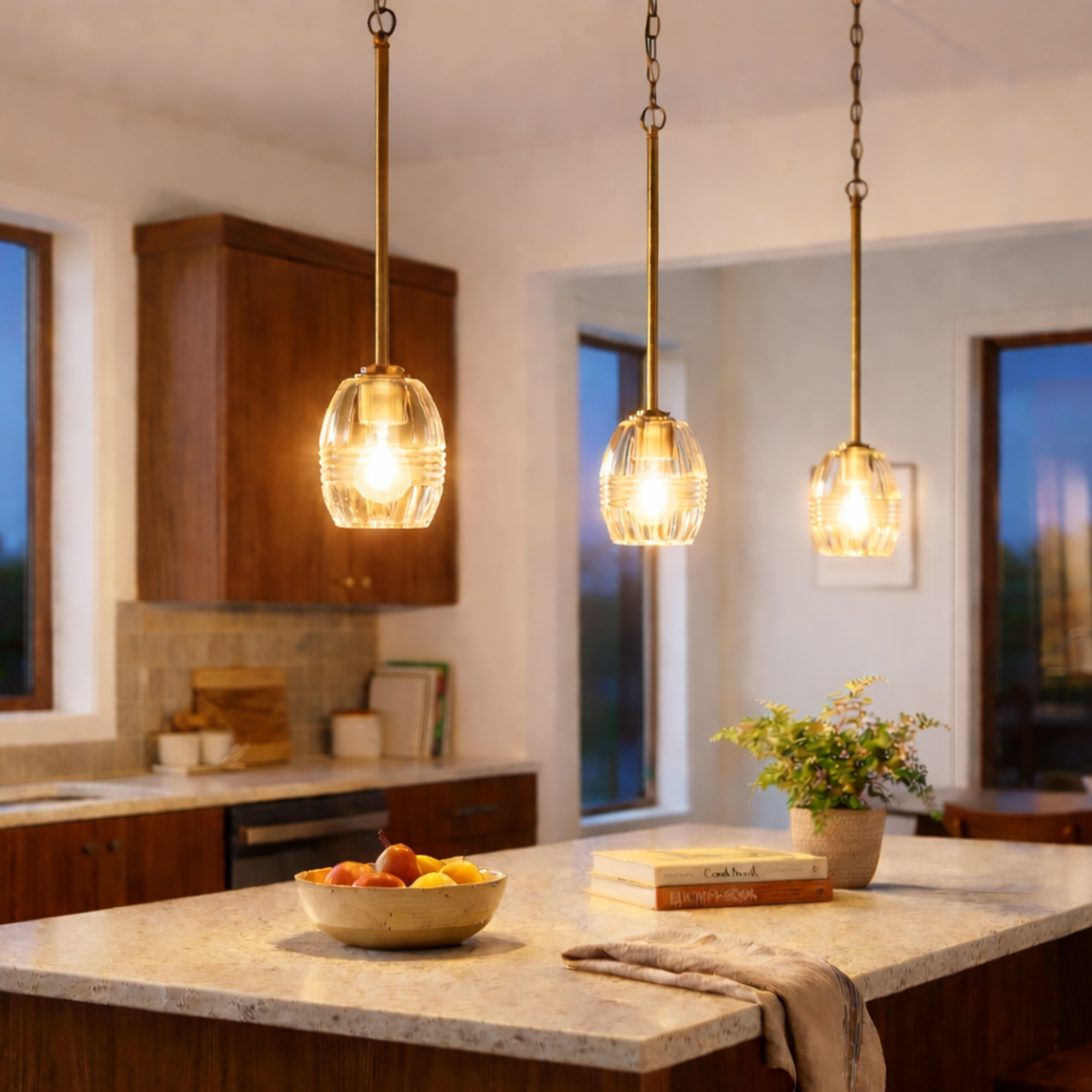 Satin Brass Clear-Glass Chain Pendant for Restaurant Tables — view 1
