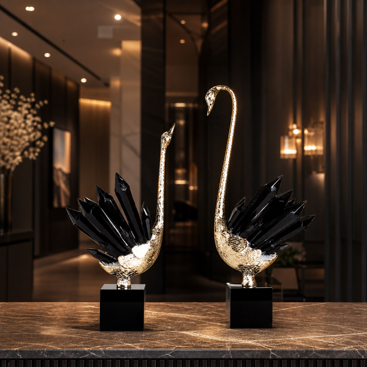 Resto Glow AI product image 2026-08-03 — restaurant view — Crystal Swan Restaurant Entry Sculpture