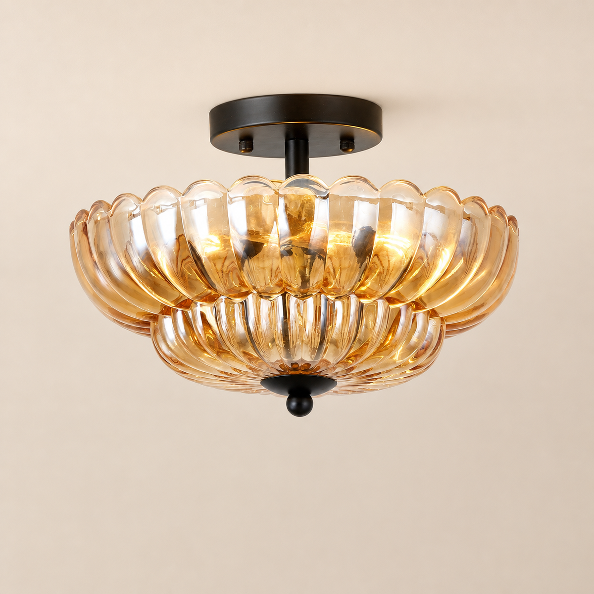 Resto Glow AI product image 2026-08-03 — clean background — Amber-Glass 3-Bulb Flush Ceiling Light — Modern Dining Room