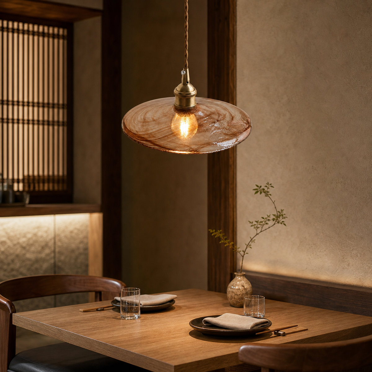 Resto Glow AI product image 2026-08-03 — restaurant view — Amber Pendant Light Japanese Retro Restaurant