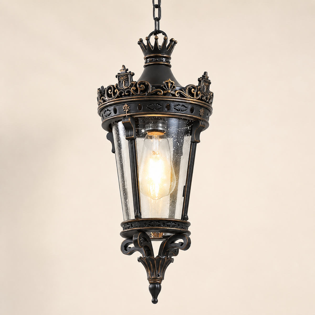 Resto Glow AI product image 2026-08-03 — clean background — Antique Crown Outdoor Hanging Lantern for Restaurant Patios and Garden Dining