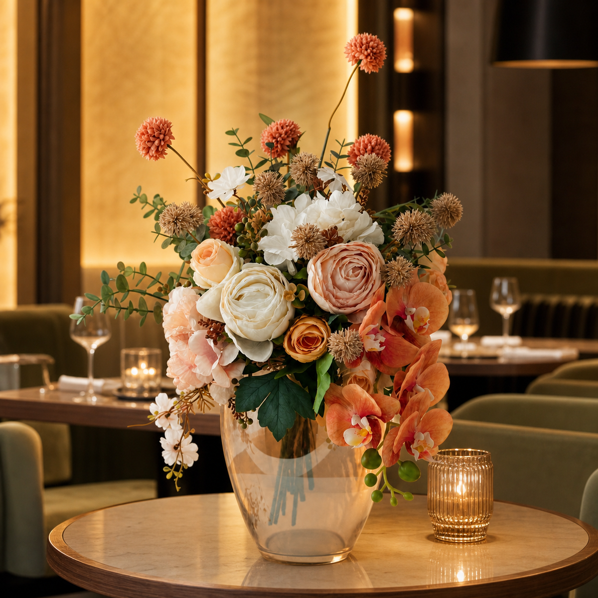 Resto Glow AI product image 2026-08-03 — restaurant view — Artificial Flower Arrangement Restaurant Decor Ornament