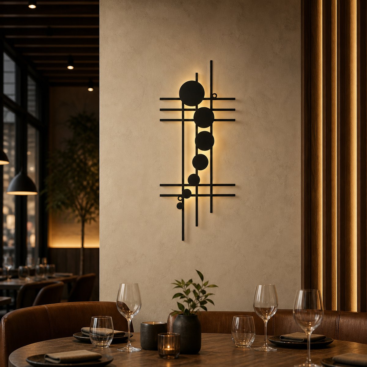 Resto Glow AI product image 2026-08-03 — restaurant view — Artistic Modern Geometric Metal Wall Decor