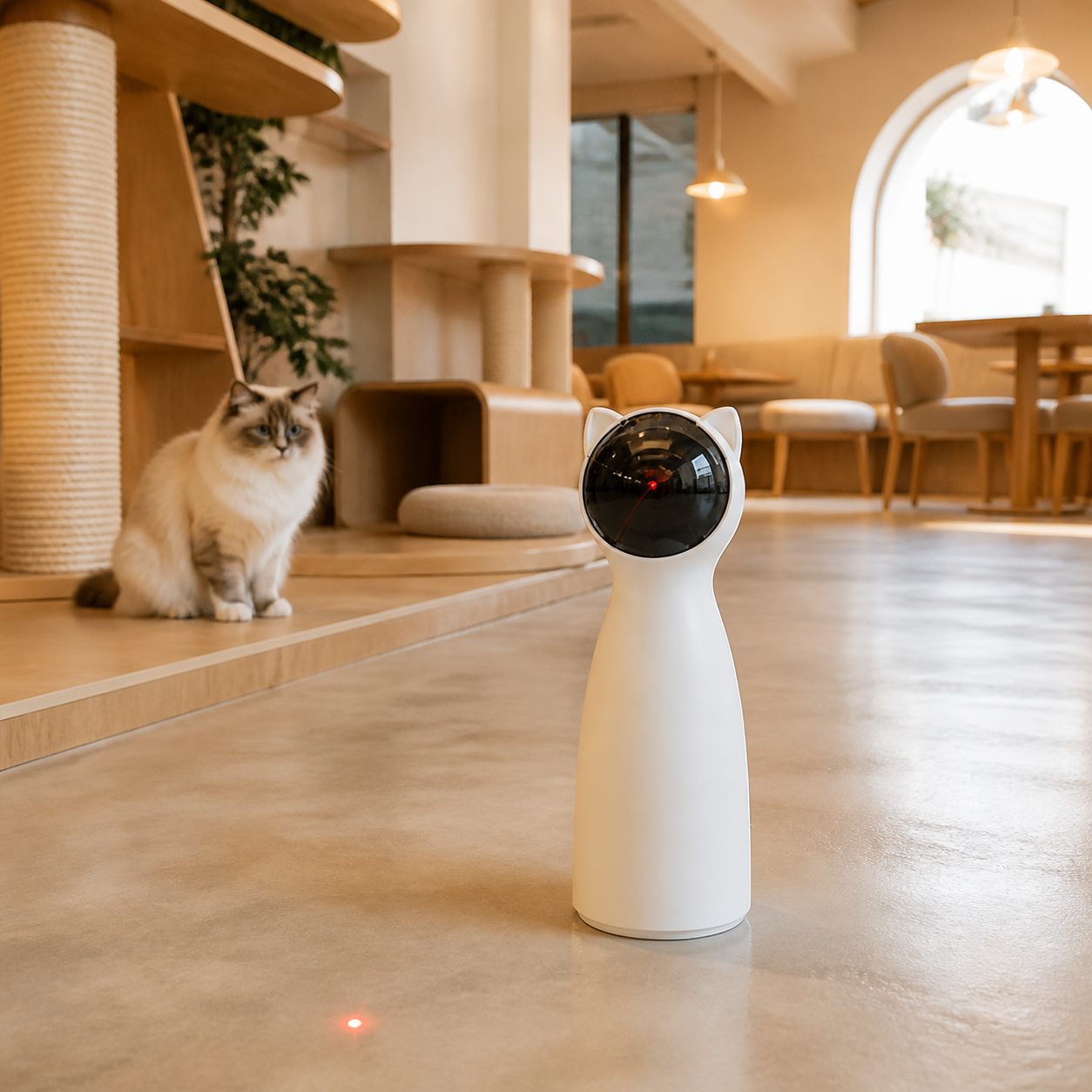 Resto Glow AI product image 2026-08-06 — cat café view — Automatic Rotating Laser Enrichment Toy for Cat Cafés, Adoption Lounges, and Supervised Multi-Cat Play Areas