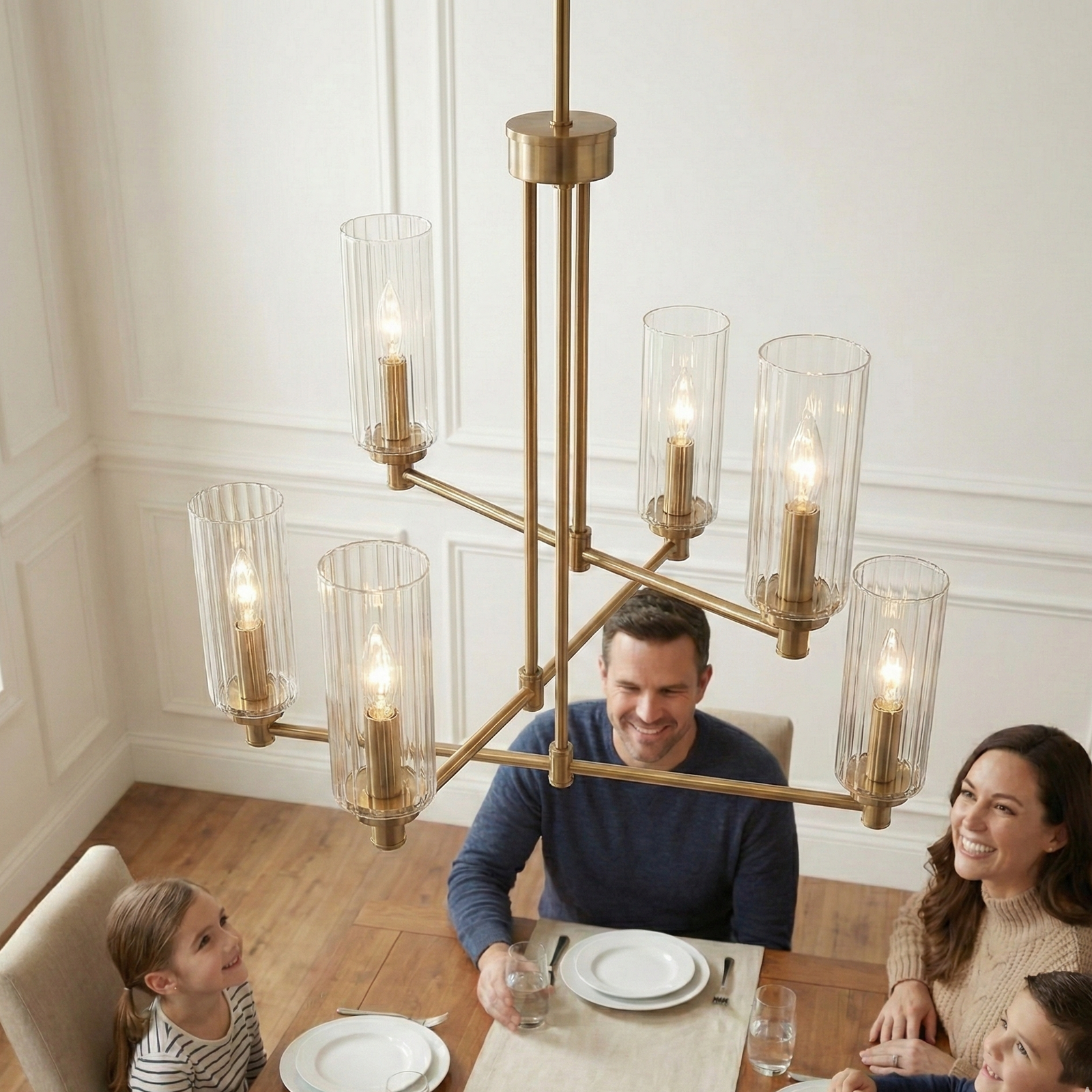 Satin Brass 6-Light Ribbed Glass Chandelier for Restaurant Dining Rooms — view 3