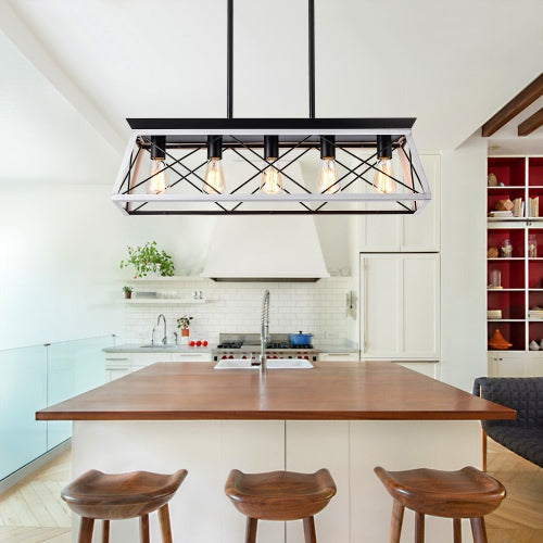 White and Charcoal Five-Light Farmhouse Chandelier for Restaurant Dining Rooms, Banquette Areas, and Warm Hospitality Interiors — view 3