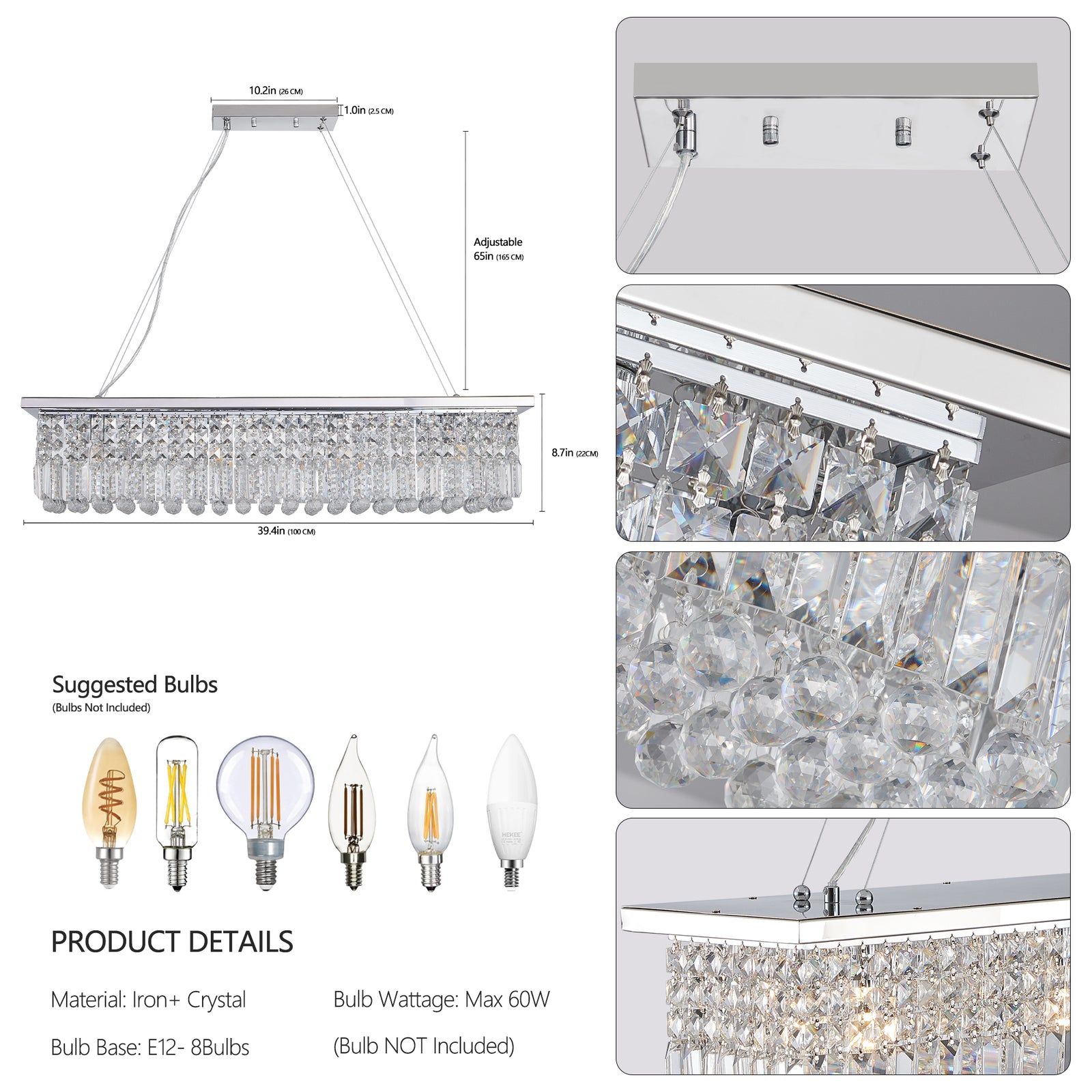 White 8-Light Raindrop Crystal Chandelier for Restaurant Bars and Dining Rooms — view 10