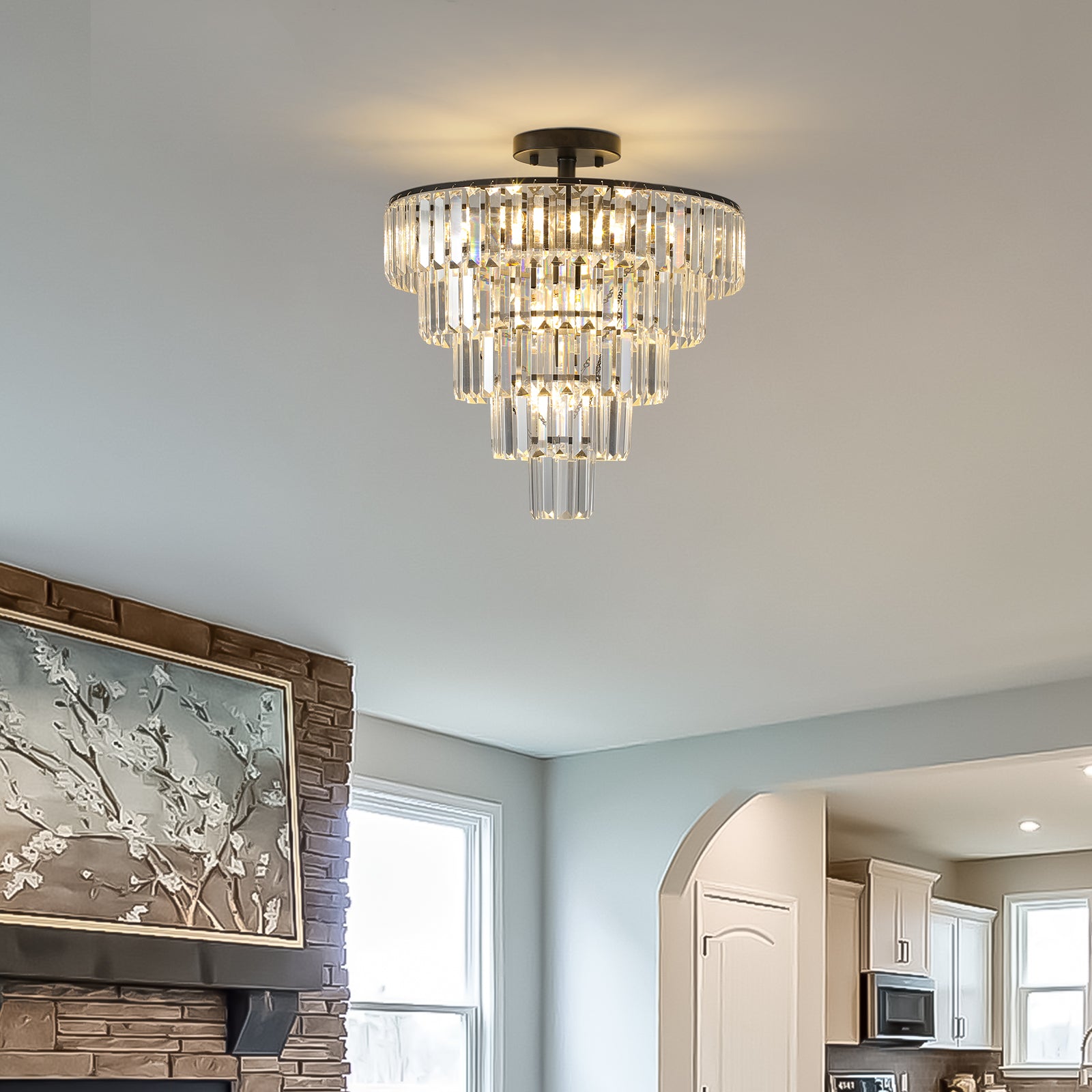 Modern Black 10-Light Crystal Flush-Mount Chandelier for Restaurant Dining Rooms — view 10