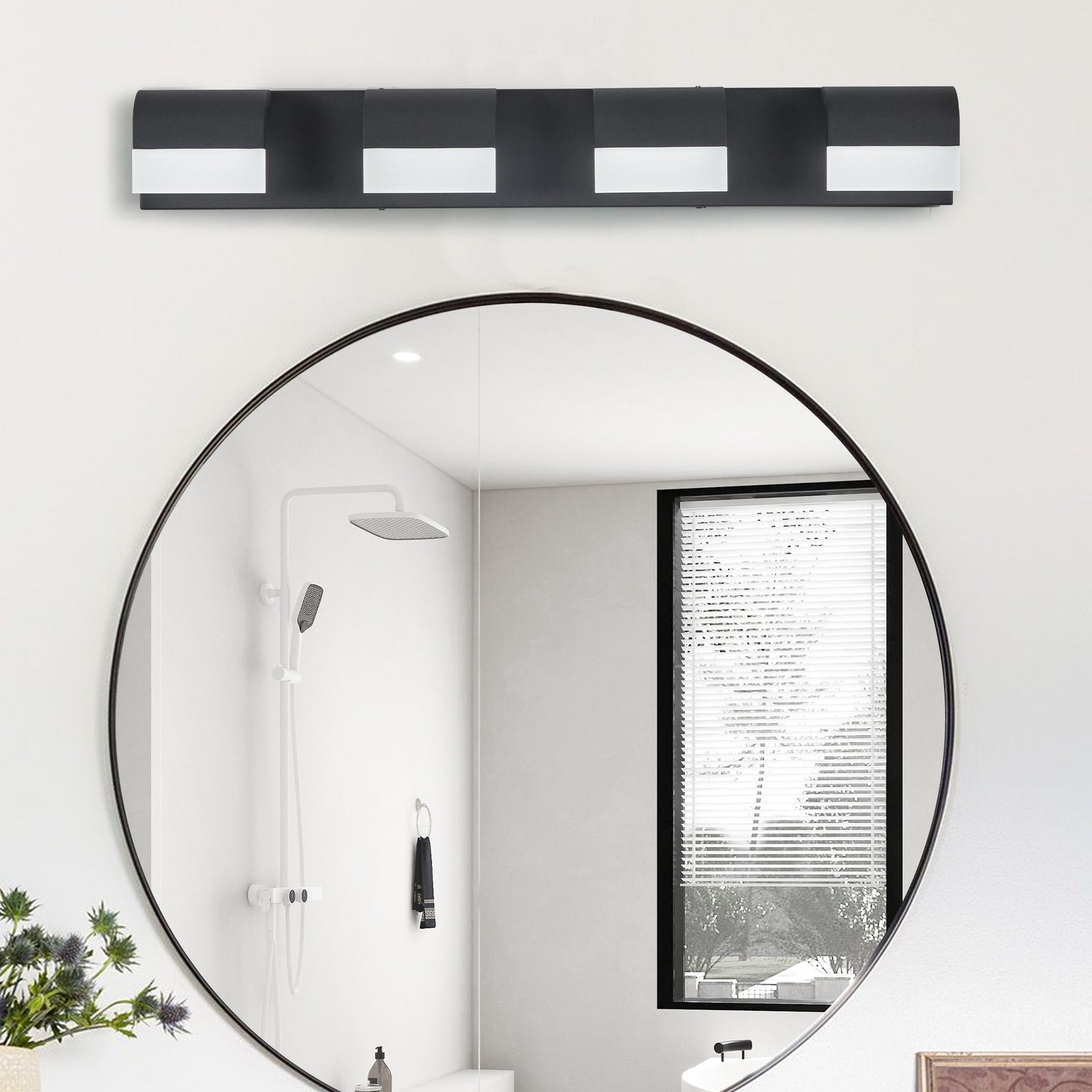 Matte Black 4-Light Acrylic Vanity — Restaurant Washroom — view 5