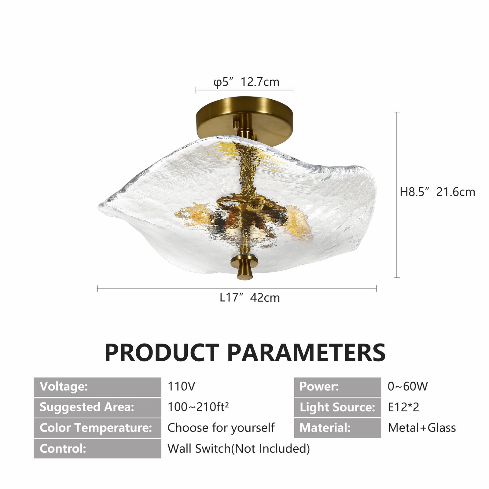 Modern Gold 2-Light Glass Semi-Flush Ceiling Fixture for Restaurant Hallways — view 2