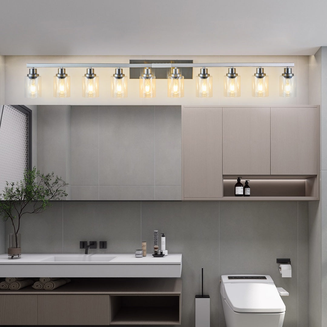 Brushed-Nickel 10-Light Clear-Glass Vanity — Restaurant Washroom — view 4