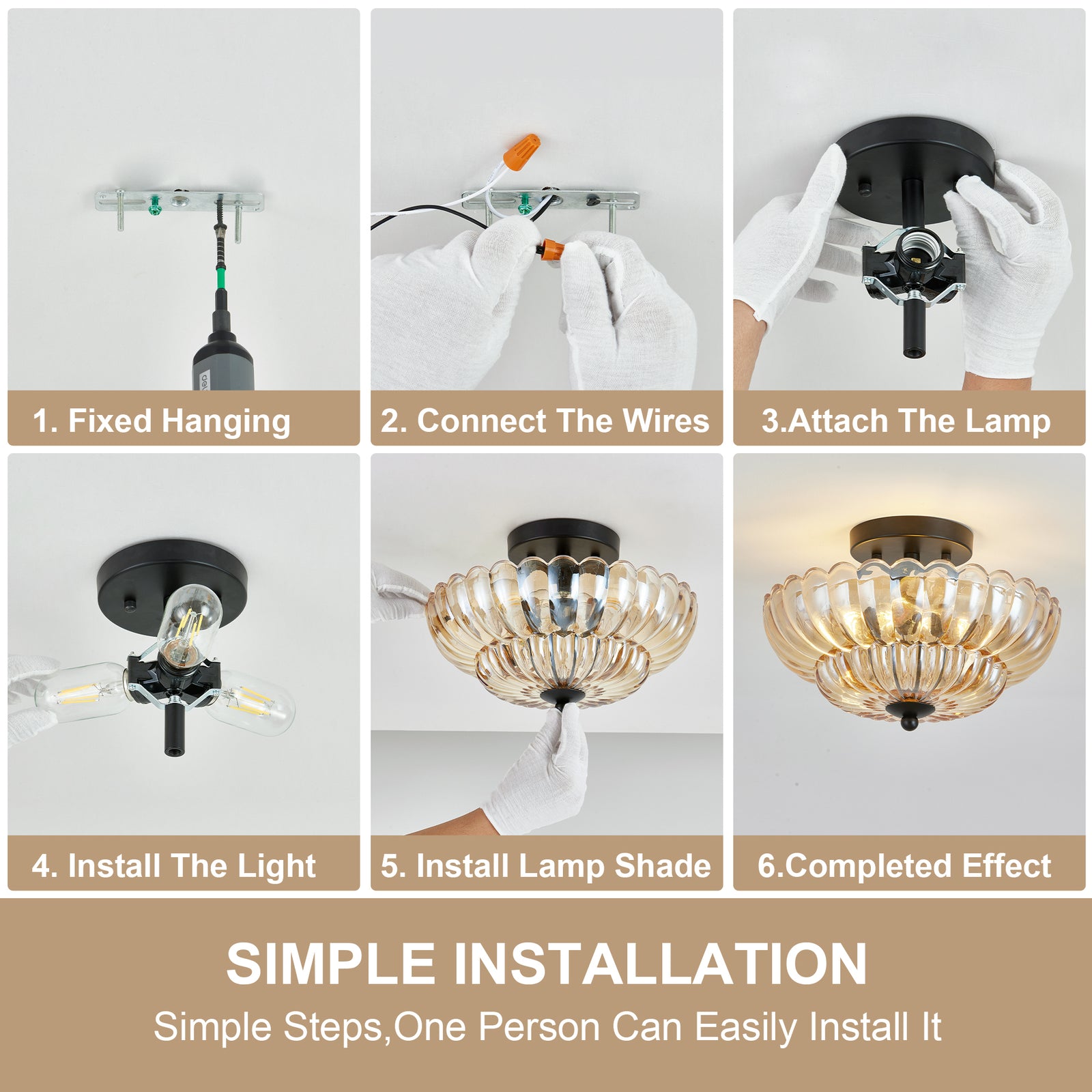 Amber-Glass 3-Bulb Flush Ceiling Light — Modern Dining Room — view 8