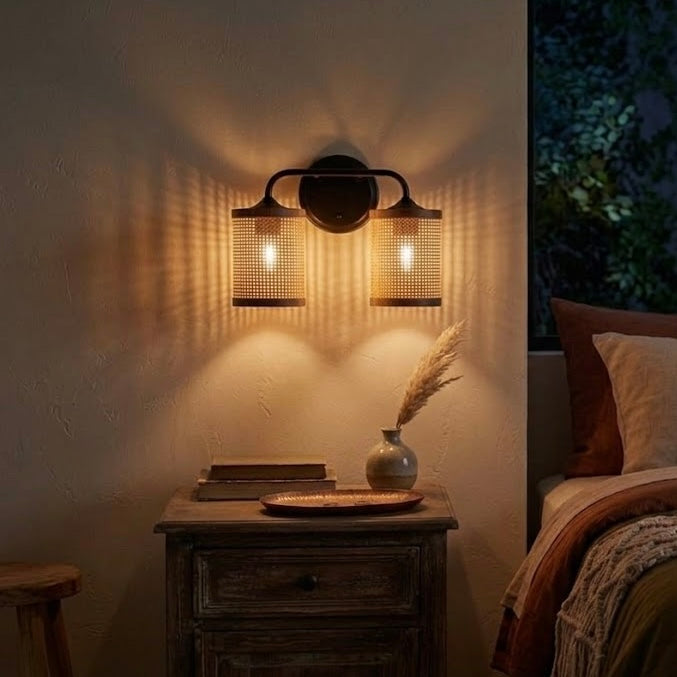 Black Rattan Double-Light Wall Sconce for Restaurant Dining Areas — view 2